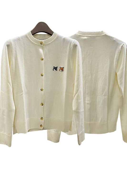 Double Fox Head Patch Round Neck Cardigan Ecru - MAISON KITSUNE - BALAAN.