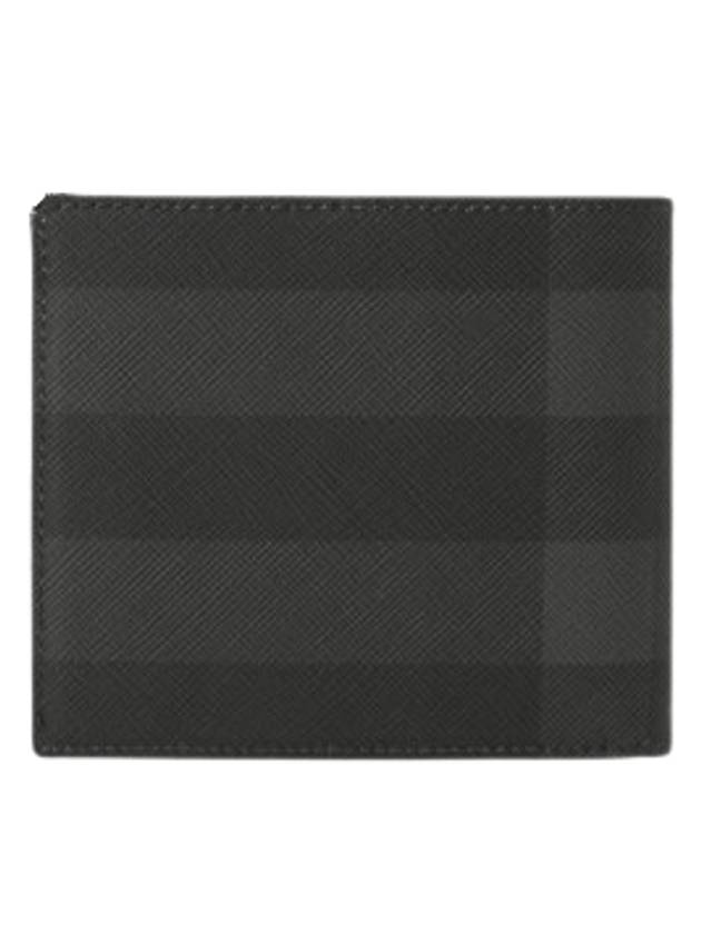 Check And Leather Half Wallet Charcoal - BURBERRY - BALAAN 3