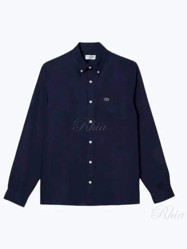 Logo Patch Linen Long Sleeve Shirt Navy - LACOSTE - BALAAN 2