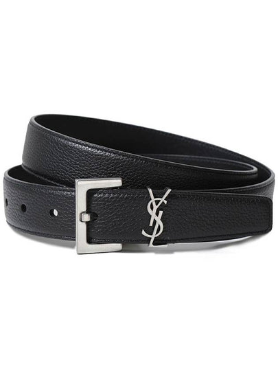 Grained Leather Silver Monogram Belt Black - SAINT LAURENT - BALAAN 2