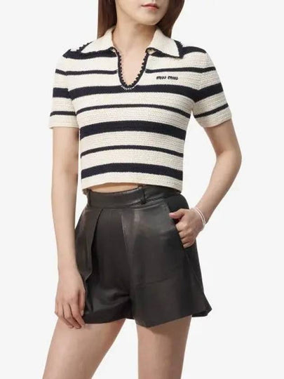 Logo Open Collar Striped Short Sleeve Knit Top White Blue - MIU MIU - BALAAN 2