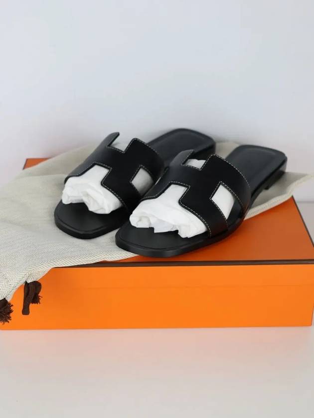 Oran Calfskin Slippers Noir Piqures Ecrues Black - HERMES - BALAAN 7