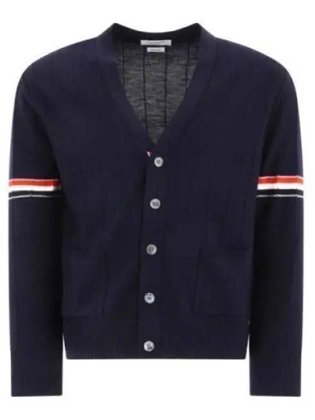 RWB V-neck Striped Virgin Wool Cardigan Navy - THOM BROWNE - BALAAN 2