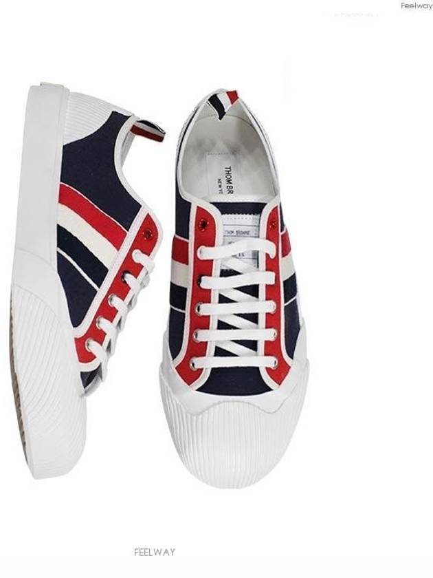 Diagonal Striped Canvas Low-Top Sneakers Navy White - THOM BROWNE - BALAAN 4