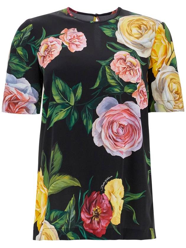 black silk t-shirt with floral print - DOLCE&GABBANA - BALAAN 1