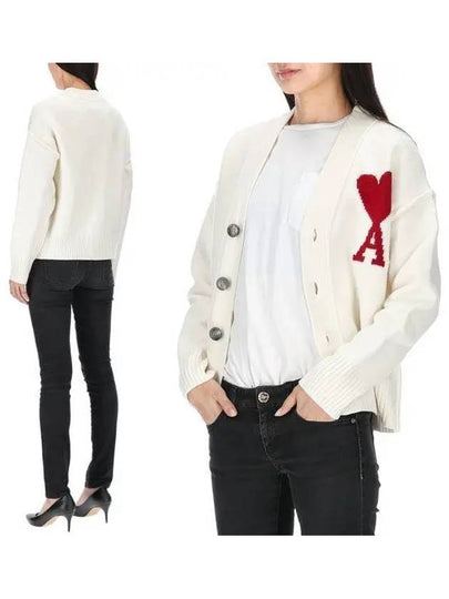 Heart Logo V Neck Wool Cardigan Off White - AMI - BALAAN 2