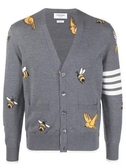 Men's Merino Bird Bee 4 Bar V-Neck Merino Cotton Cardigan Medium Grey - THOM BROWNE - BALAAN 2