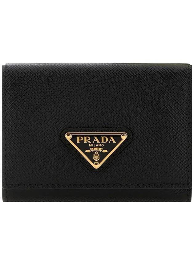 Women's Triangle Logo Saffiano Compact Half Wallet Black - PRADA - BALAAN 1