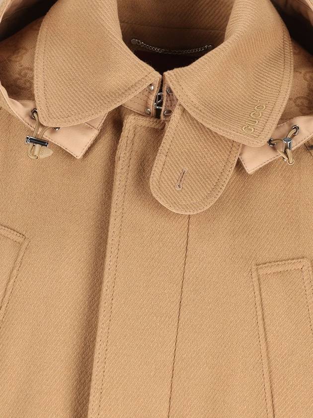 Logo embroidered hooded wool cashmere single coat camel - GUCCI - BALAAN 4