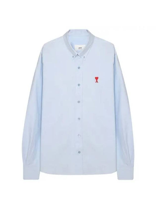 Heart Logo Oxford Button Down Long Sleeve Shirt Sky Blue - AMI - BALAAN 1