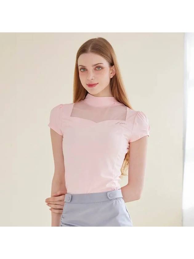 Golf Wear Heart Neck See-Through Short Sleeve T-Shirt Pink - J JANE - BALAAN 1