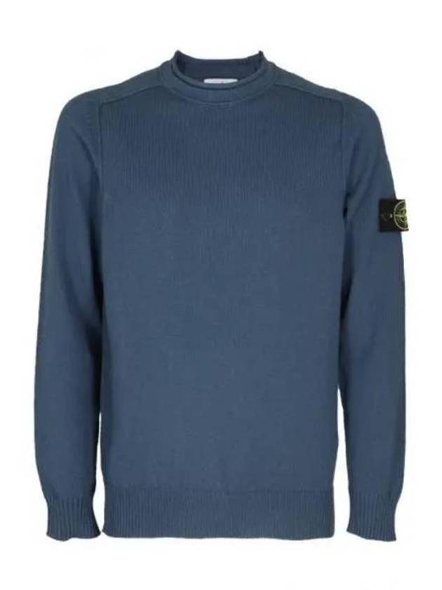 Men's Waffen Patch Crew Neck Raw Cotton Knit Top Blue - STONE ISLAND - BALAAN 2