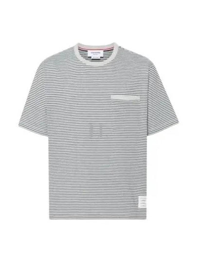 Striped Pocket Cotton Oversized Short Sleeve T-Shirt Blue - THOM BROWNE - BALAAN 2