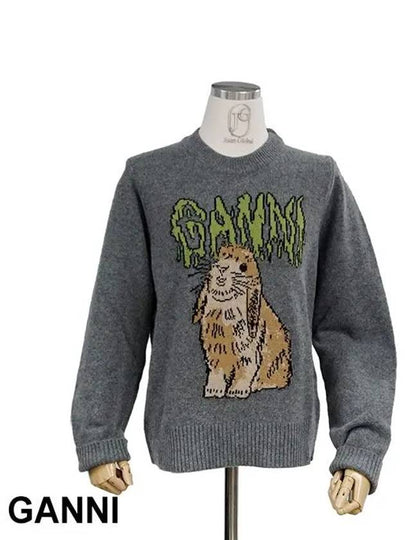 Graphic Wool Mix Bunny Crewneck Knit Top Grey - GANNI - BALAAN 2