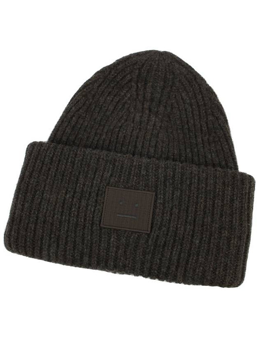 Studios Face Patch Ribbed Wool Beanie Gray Brown Melange - ACNE STUDIOS - BALAAN.