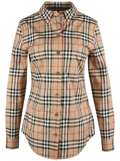 Button Down Collar Vintage Check Stretch Cotton Long Sleeve Shirt Beige - BURBERRY - BALAAN 2