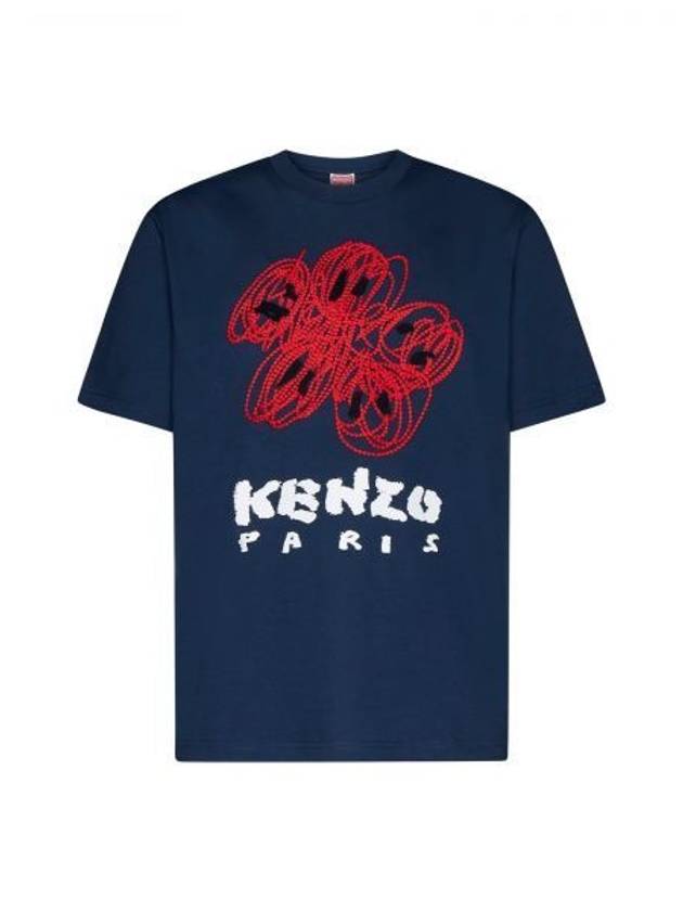 Drawn Varsity Embroidered Classic Cotton T-Shirt Midnight Blue - KENZO - BALAAN 2