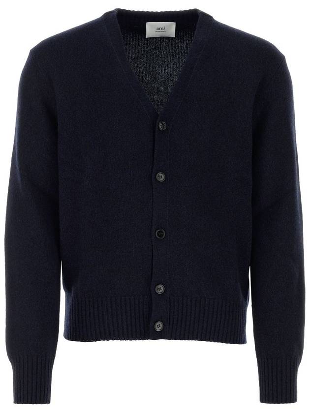 Heart Logo V Neck Cashmere Cardigan Navy - AMI - BALAAN 2