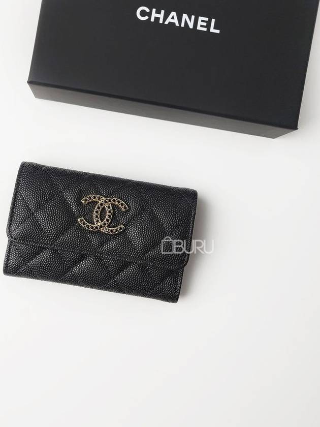 Shiny Grained Calfskin Strass Flap Card Wallet Black - CHANEL - BALAAN 2