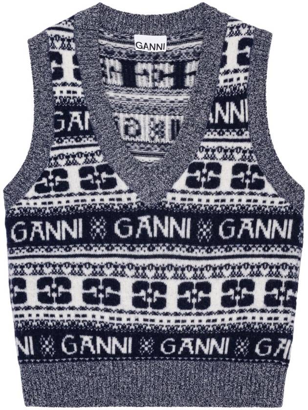 Logo Wool Mix Vest Knit Top Sky Captain - GANNI - BALAAN 2