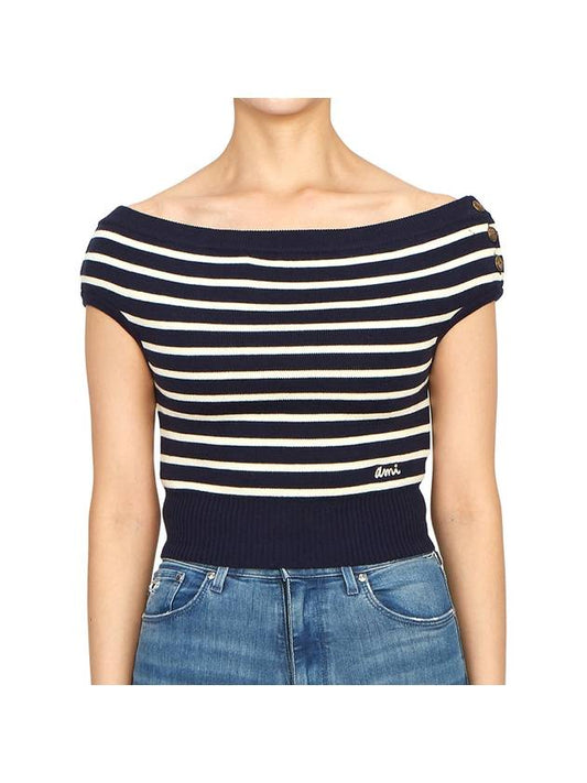 Sailor Stripe Off-Shoulder Knit Top Blue - AMI - BALAAN 2