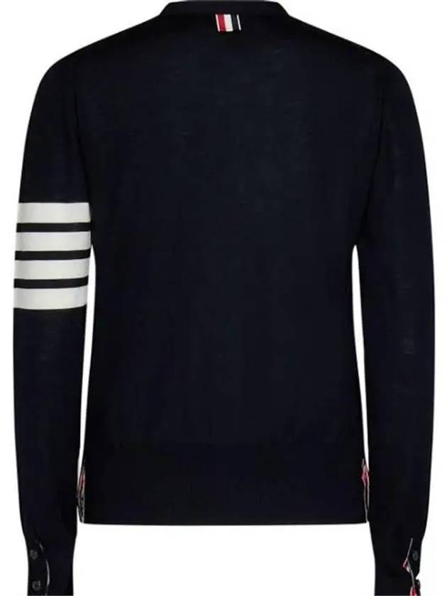 Sustainable Fine Merino Wool 4-Bar Relaxed Fit V-Neck Cardigan Navy - THOM BROWNE - BALAAN 4