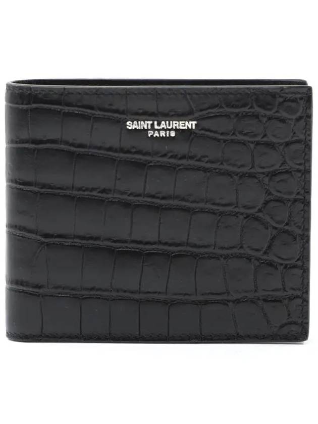 Crocodile Embossed Leather Half Wallet Black - SAINT LAURENT - BALAAN 2