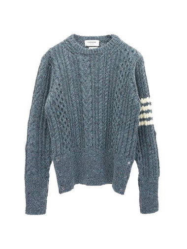 4-Bar Aran Cable Pullover Knit Top Blue - THOM BROWNE - BALAAN 1