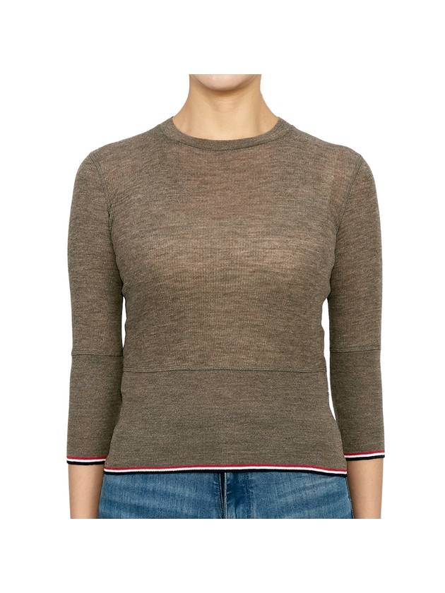 Women's Wool Rib 3/4 Sleeve Crew Neck Pullover Knit Top Brown - THOM BROWNE - BALAAN 2