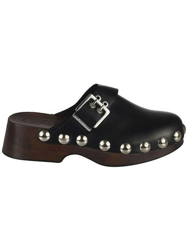 Women's Buckle Studded Leather Clog Mule Black - GANNI - BALAAN 1