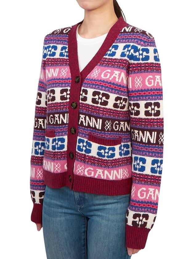 Intarsia Logo V-Neck Wool Mix Cardigan Pink - GANNI - BALAAN 3