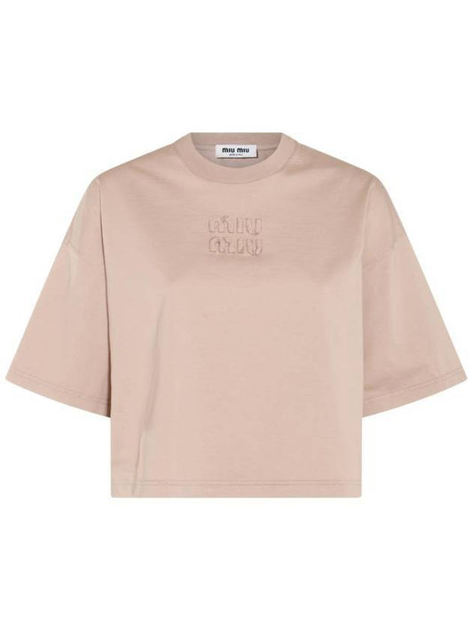 Logo Patch Cotton Short Sleeve T-shirt Beige - MIU MIU - BALAAN 1