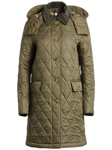 Women's DEREHAM Long Quilted Jacket Green - BURBERRY - BALAAN.