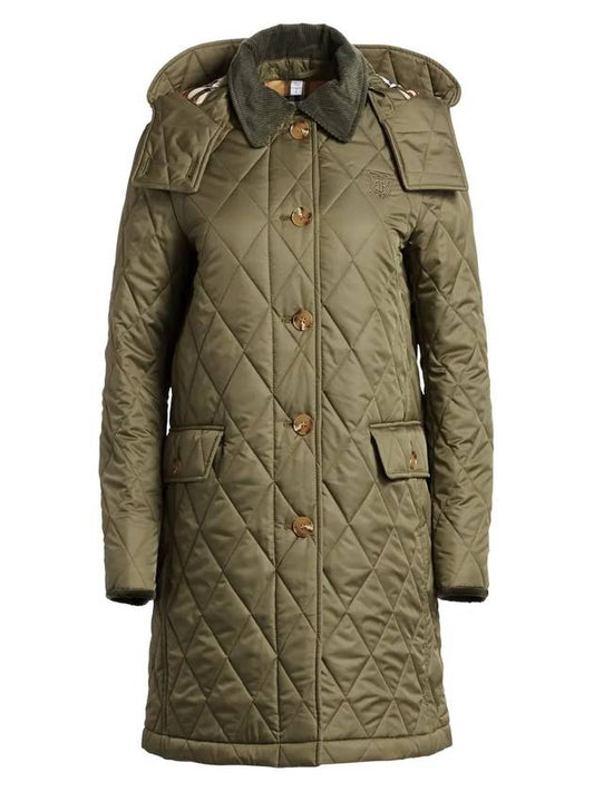 Women's DEREHAM Long Quilted Jacket Green - BURBERRY - BALAAN.