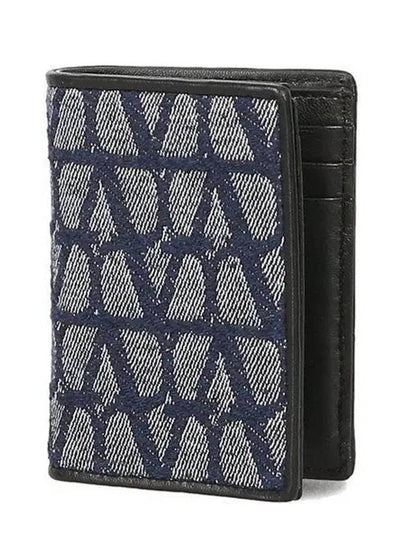 V Logo Folding Leather Half Wallet Navy Black - VALENTINO - BALAAN 2