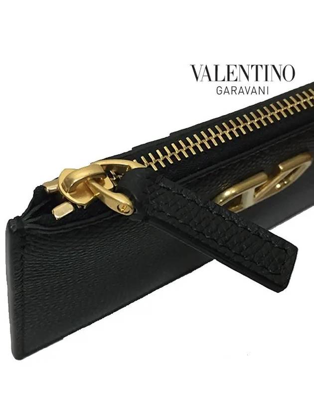 V Logo Signature Leather Card Wallet Black - VALENTINO - BALAAN 8