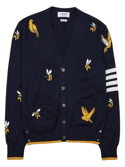 Men's Merino Bird Bee 4 Bar V-Neck Merino Cotton Cardigan Navy - THOM BROWNE - BALAAN 2