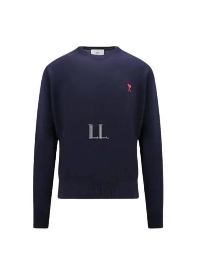 Heart Embroidered Logo Crew Neck Knit Top Navy - AMI - BALAAN 2