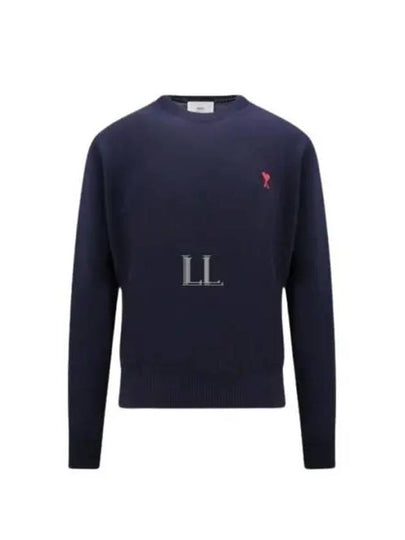 Heart Embroidered Logo Crew Neck Knit Top Navy - AMI - BALAAN 2