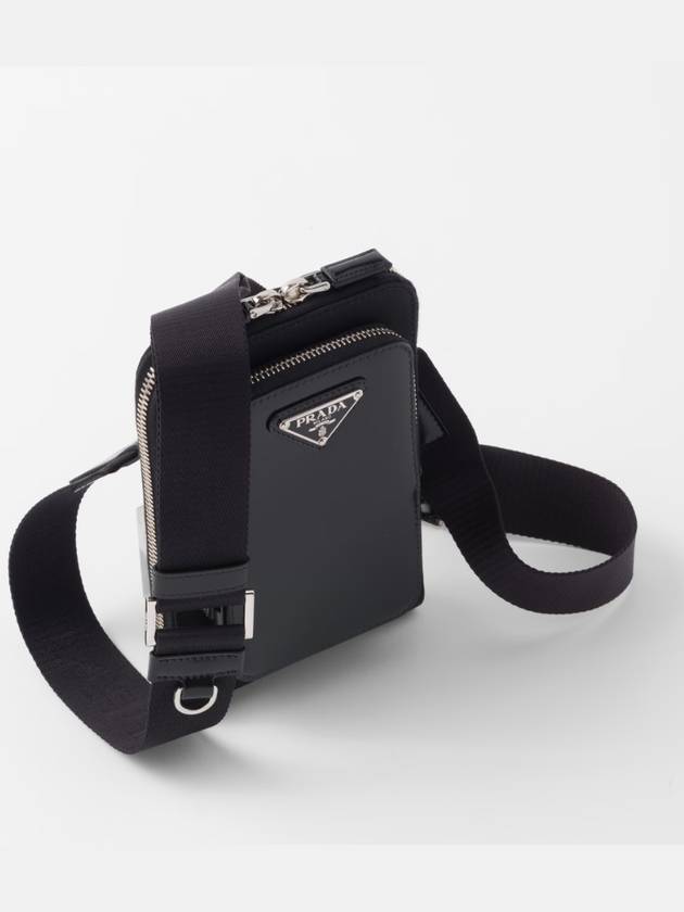 Triangle Logo Brushed Leather Phone Case Cross Bag Black - PRADA - BALAAN 3