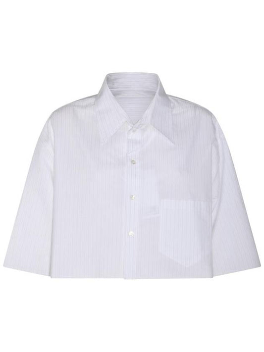 Pinstripe Poplin Cropped Cotton Short Sleeve Shirt White - MAISON MARGIELA - BALAAN 1