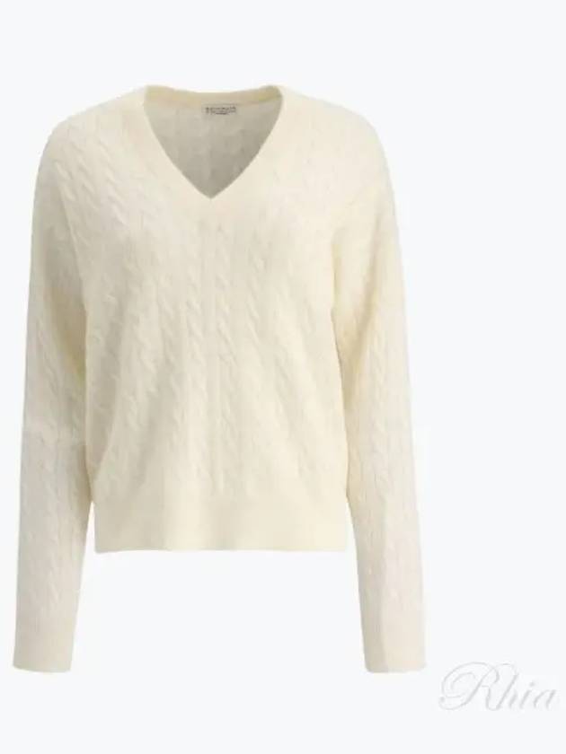 Women's V-neck Cable Knit Top White - BRUNELLO CUCINELLI - BALAAN 2