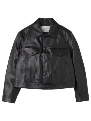 Leather Crop Trucker Jacket Black Rider - AMI - BALAAN 1