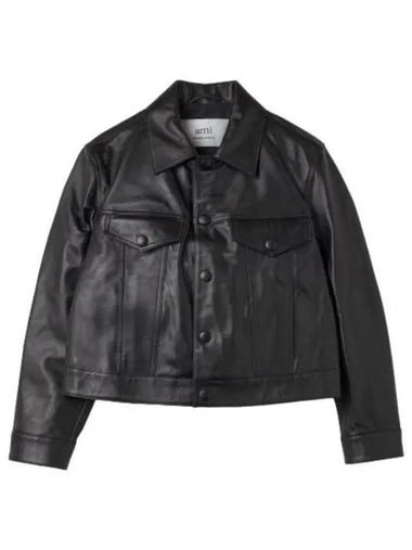 Leather Crop Trucker Jacket Black - AMI - BALAAN 1