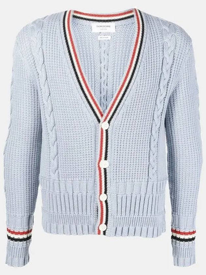 Cable Stripe Classic V-neck Merino Wool Cardigan Blue - THOM BROWNE - BALAAN 2