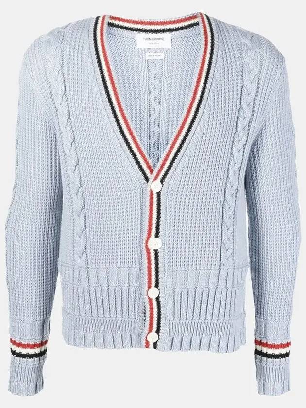 Cable Stripe Classic V-neck Merino Wool Cardigan Blue - THOM BROWNE - BALAAN 3