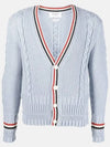 Cable Stripe Classic V-neck Merino Wool Cardigan Blue - THOM BROWNE - BALAAN 2