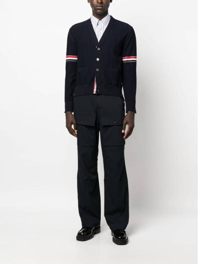 RWB V-neck Striped Virgin Wool Cardigan Navy - THOM BROWNE - BALAAN 6