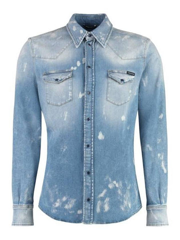 Distressed Denim Long Sleeve Shirt Blue - DOLCE&GABBANA - BALAAN 1