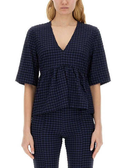 Stretch Seersucker V-Neck Peplum Blouse Navy - GANNI - BALAAN 2